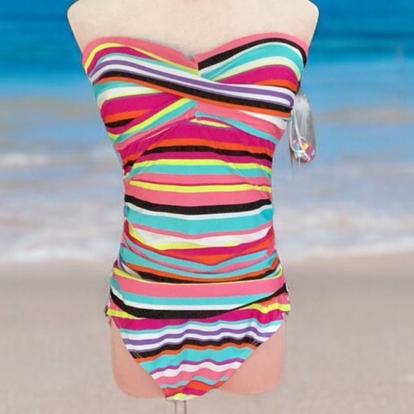 Anne Cole NWT Multicolor Striped Twist Front Bandeau One Piece Swimsuit Size 10 - Picture 3 of 8